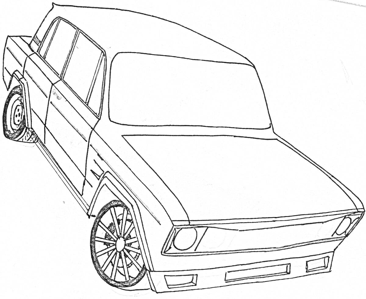 Раскраска Чёрно-белая раскраска автомобиля Лада Семёрка с видимыми элементами кузова, фар и колёс