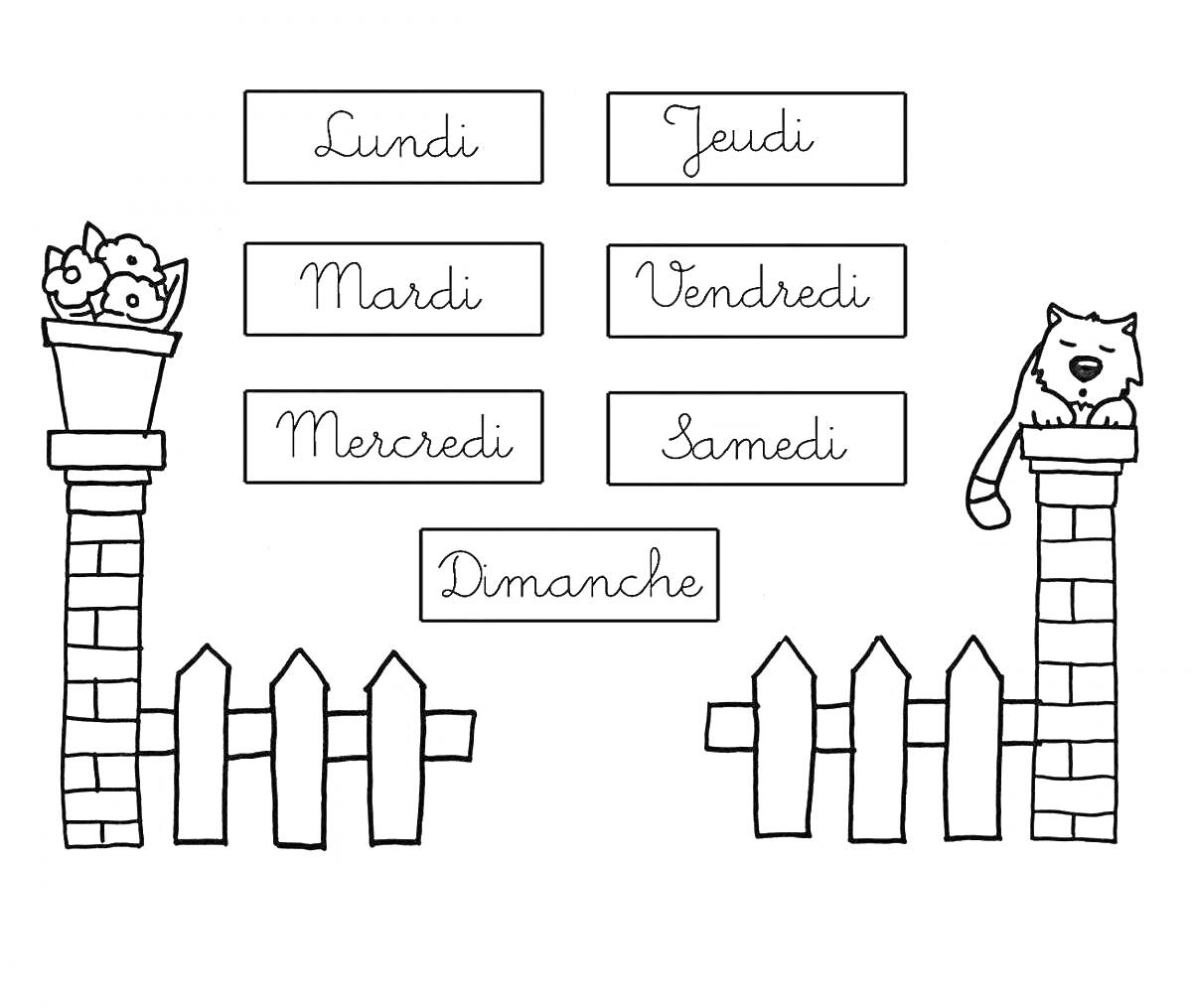 Раскраска Дни недели на французском языке с забором, кошкой и цветочным горшком