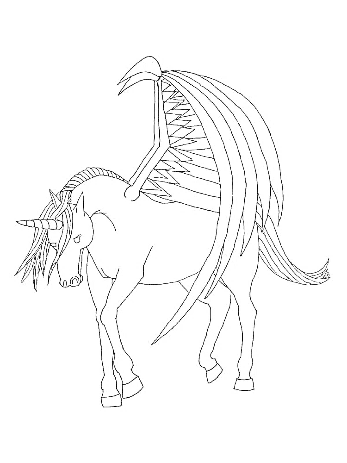 Раскраска Единорог с рогом и большими крыльями, стоящий на земле