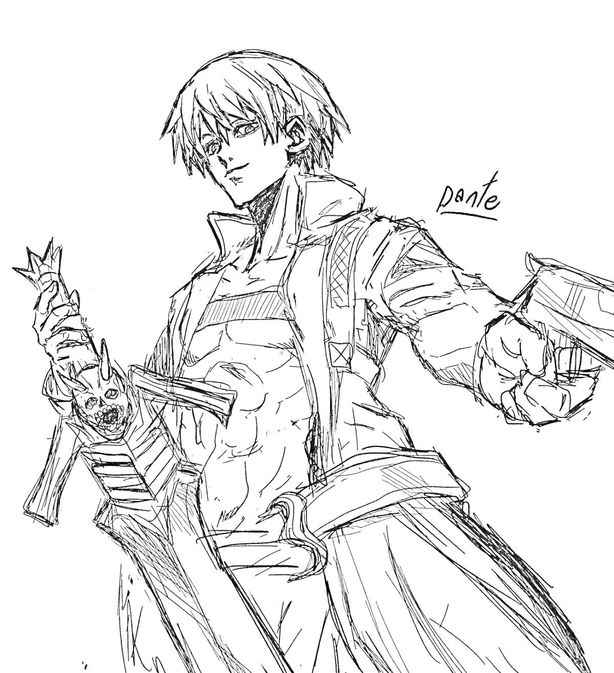 Раскраска Мужчина с мечом и пистолетом, надпись 