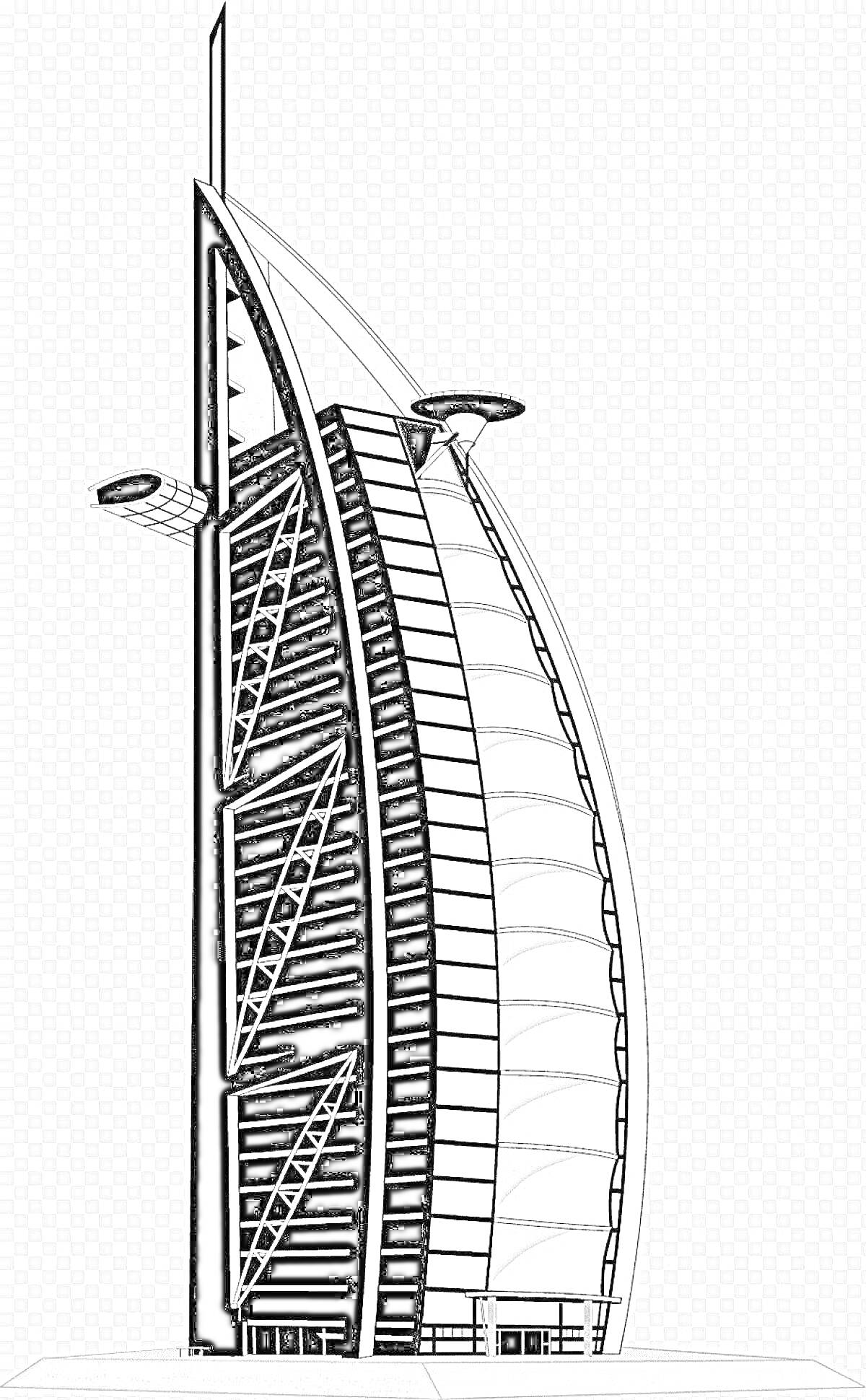 На раскраске изображено: Бурдж Аль Араб, Отель, Дубай, Архитектура