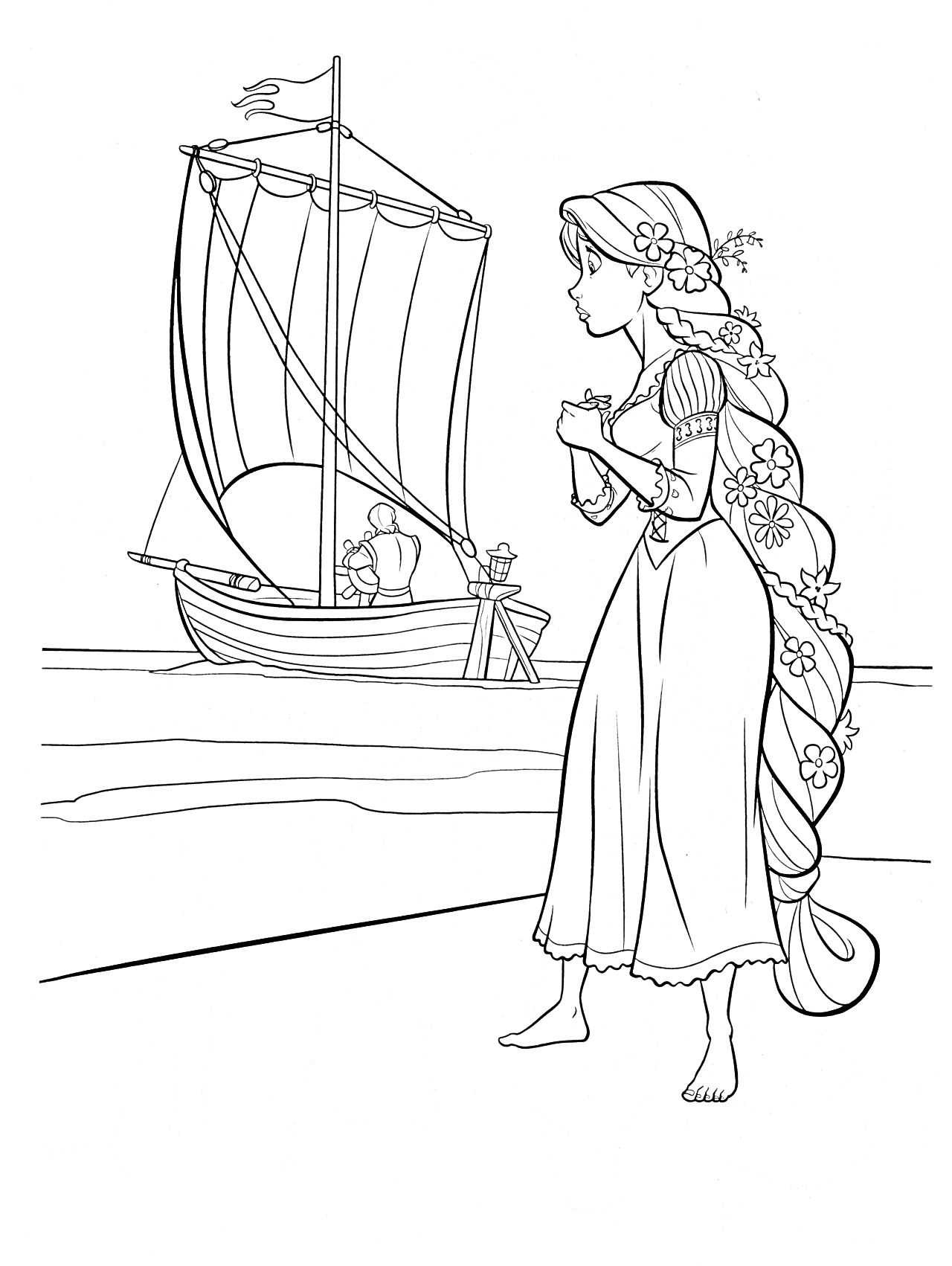 Раскраска Принцесса у берега с кораблём, девушка с длинными распущенными волосами и цветами в волосах, на заднем плане - стоящий у берега парусник