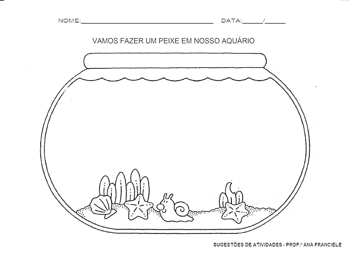 Раскраска Пустой аквариум, с ракушками, морскими звездами, водорослями и улиткой