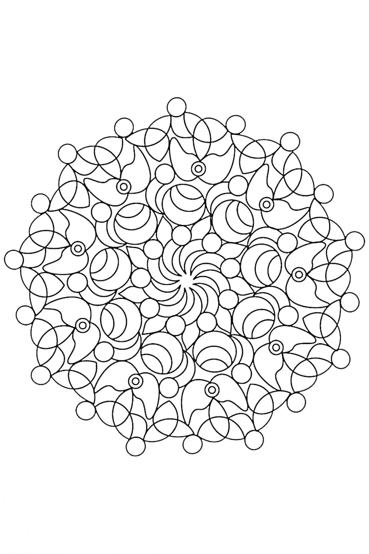 Раскраска узор в виде мандалы с абстрактными формами, спиралью в центре и круглыми элементами