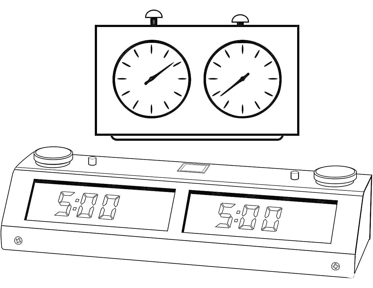 Раскраска Электронные часы с двумя цифровыми дисплеями, кнопками по бокам и механическими циферблатами сверху