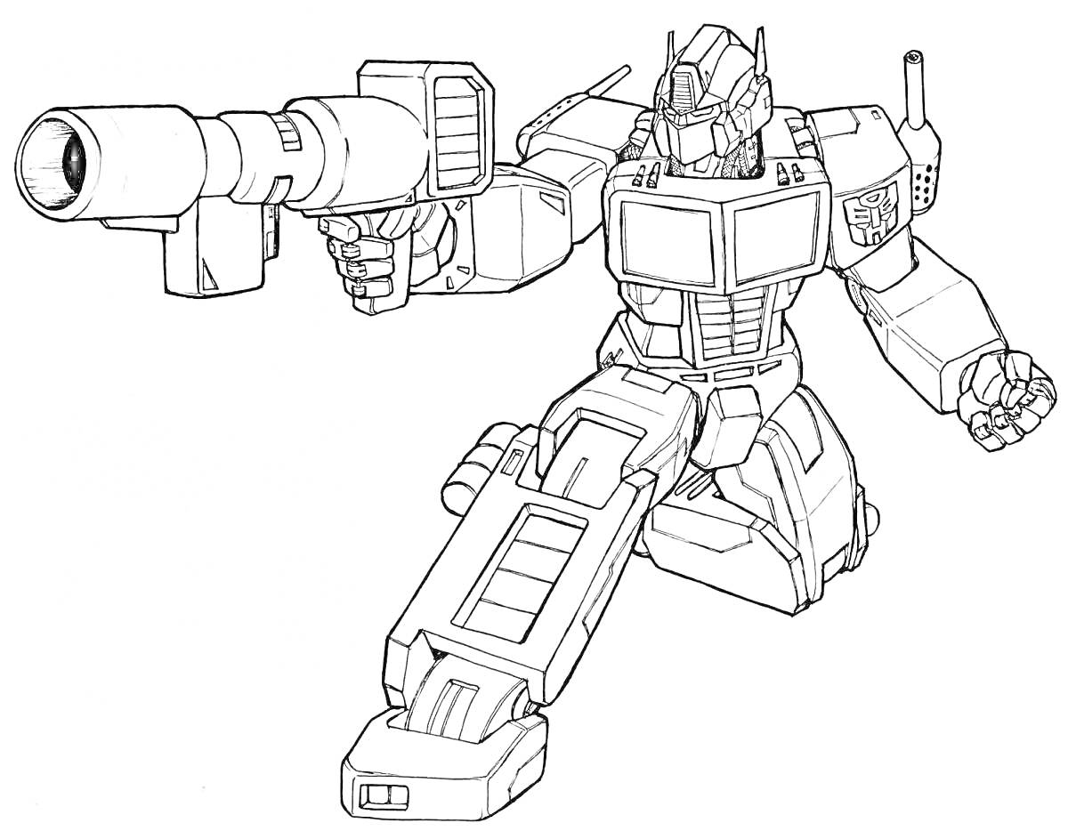 Раскраска Оптимус Прайм - робот с оружием, сидящий на одном колене