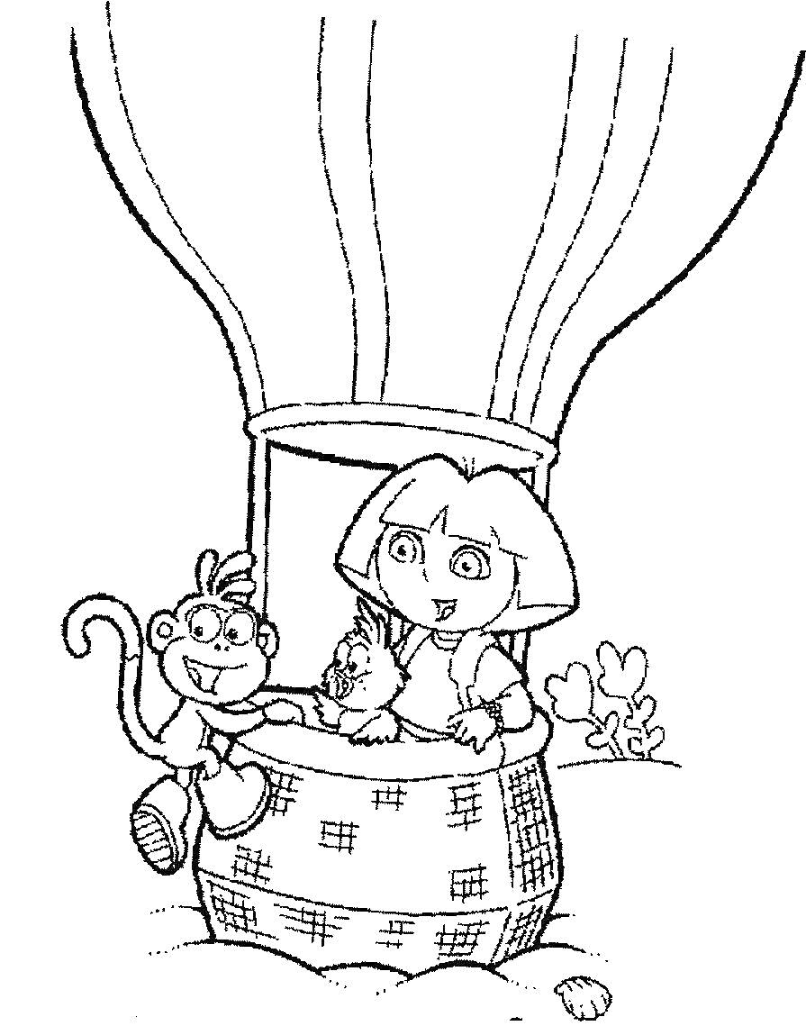 Даша и обезьянка в корзине воздушного шара с плюшевым мишкой и кустарником на заднем плане