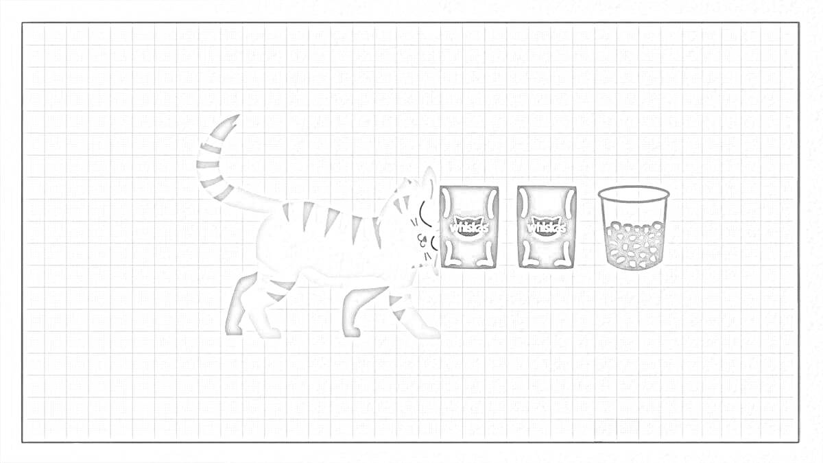 На раскраске изображено: Корм для кошек, Вискас, Миска, Домашние животные, Еда для кошек