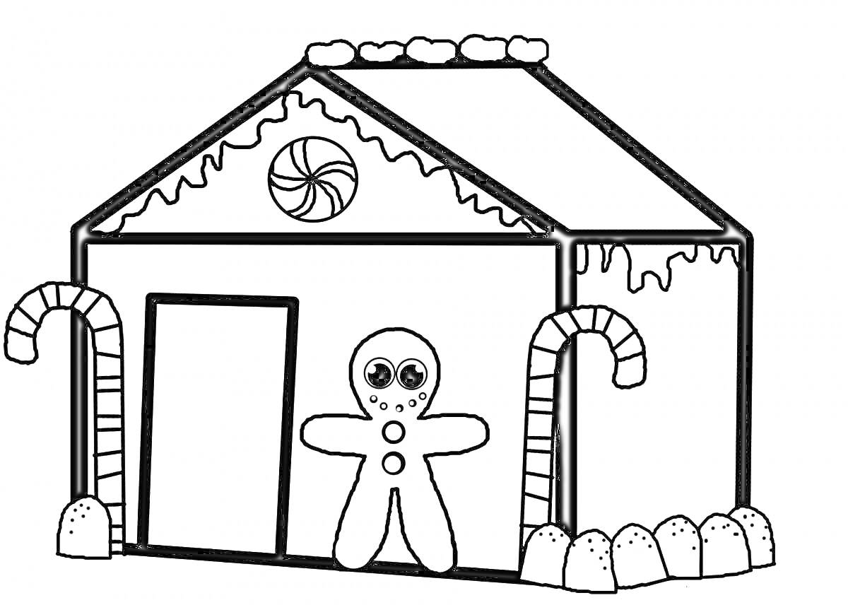 Раскраска Пряничный домик с человечком, леденцами и снежными кучками