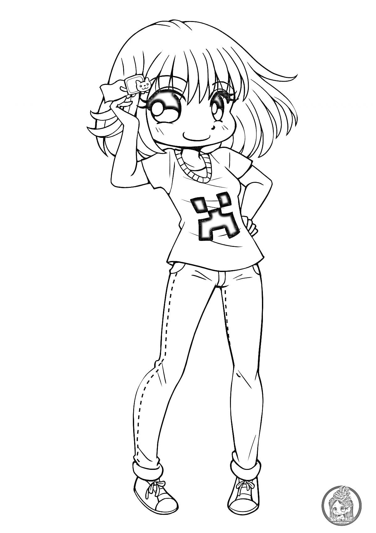 Раскраска Девочка аниме с поднятой рукой в футболке с рисунком и джинсах