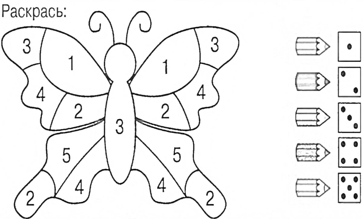 Раскраска Раскраска по номерам - бабочка с площадками для карандашей, пронумерованными от 1 до 5