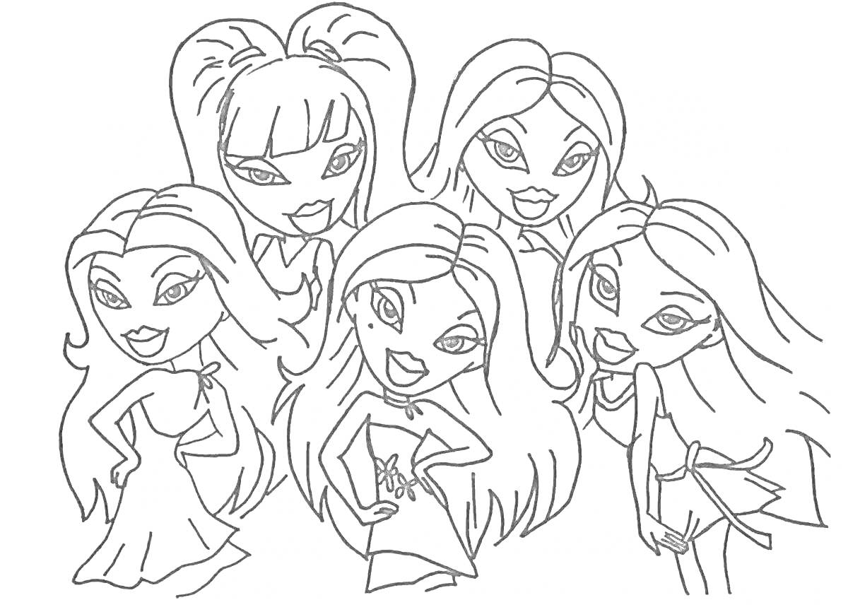 Раскраска Пять девушек с длинными волосами и большими глазами в разных позах