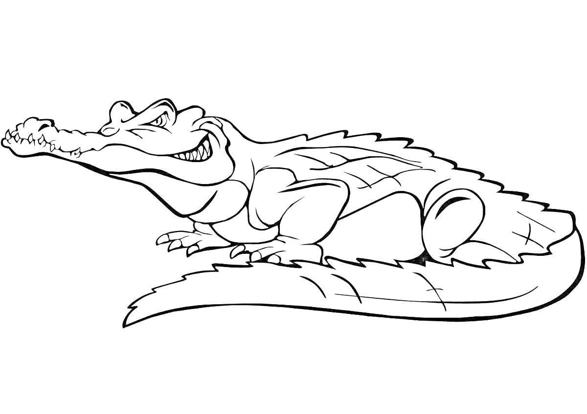 Раскраска Крокодил с улыбкой, лежащий на земле