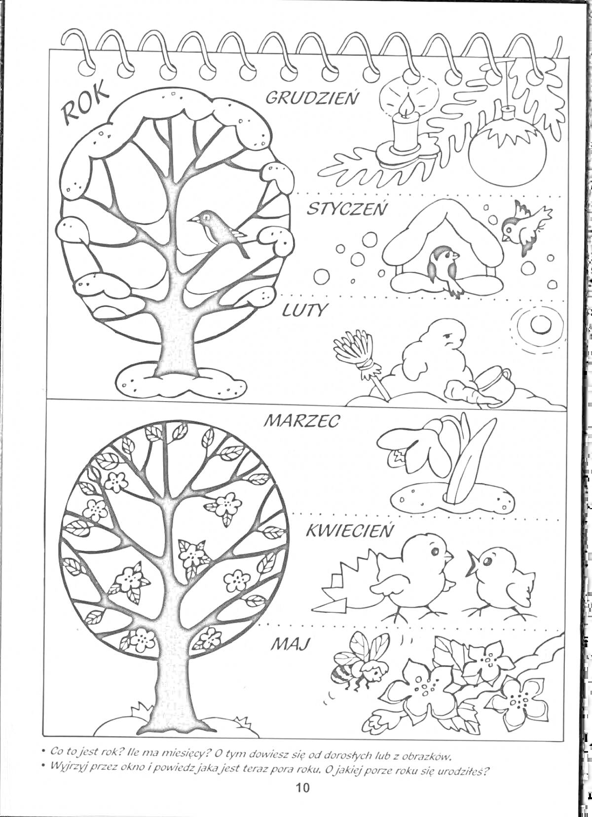 Раскраска Раскраска дерева с изменением времен года и месяцами (грудень, стyczeń, люты, мapzec, kwiecień, maj). На изображении также видны конкретные элементы для каждого сезона: снеговик и хлопья снега, ледяной цветок и птицы в зимних месяцах; тающие цветы, птицы 