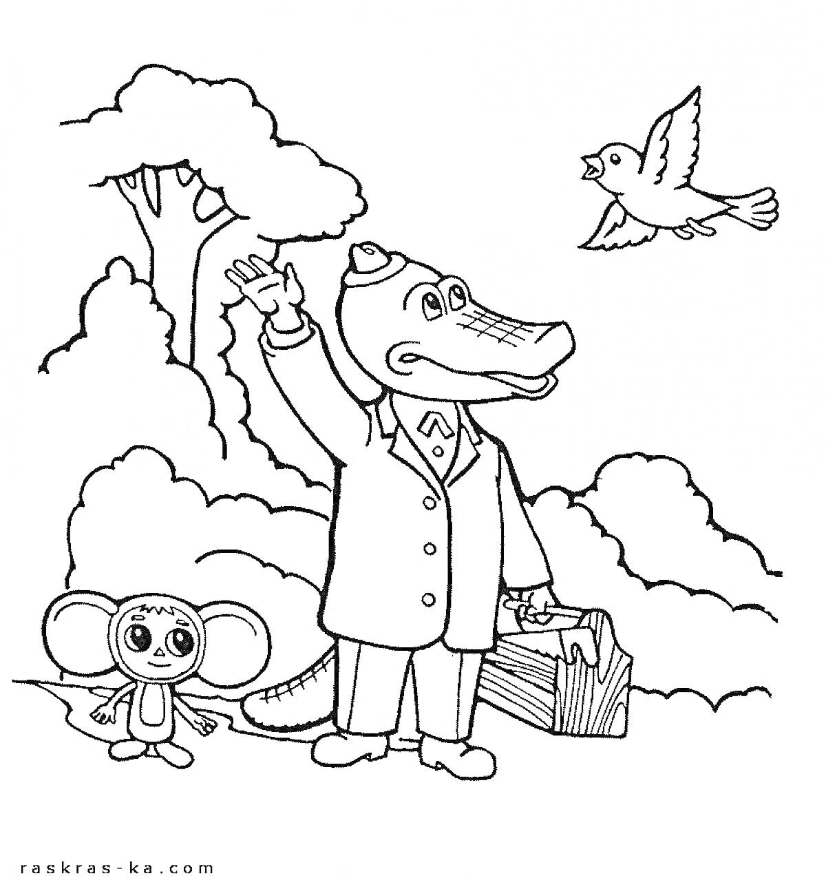 Раскраска Крокодил Гена с чемоданом и Чебурашка под деревом, крокодил машет рукой летящей птице