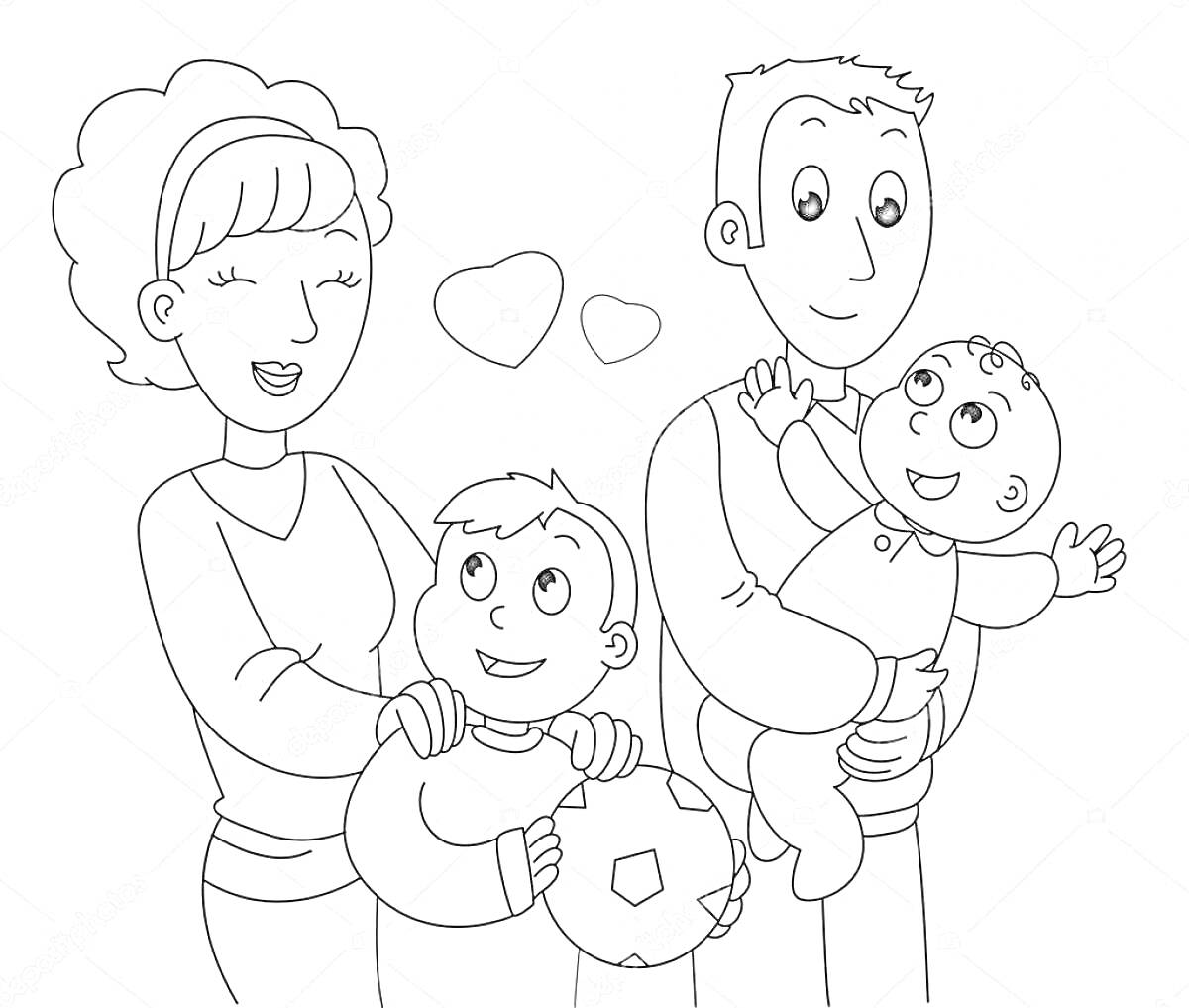 На раскраске изображено: Семья, Мама, Мальчик, Младенец, Футбольный мяч, Любовь