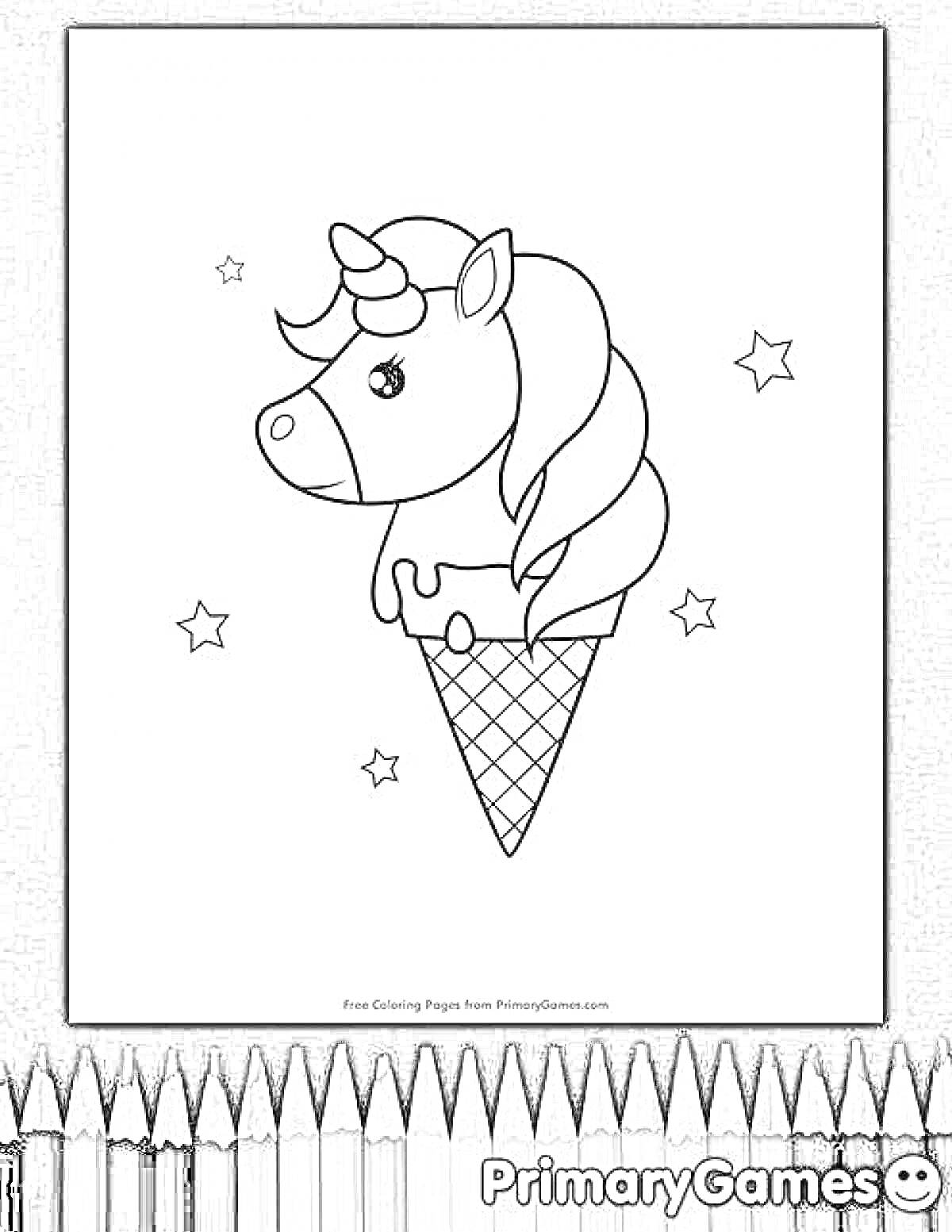 Раскраска Единорог-мороженое с рожком и звездами