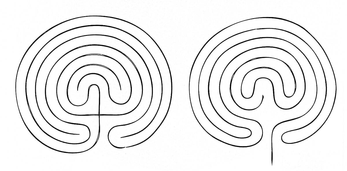 Два круговых лабиринта с четырьмя и пятью витками