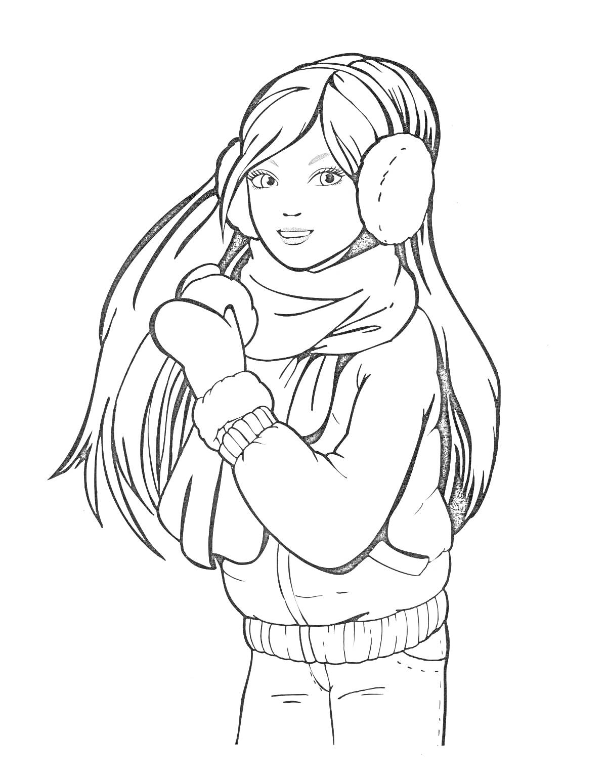 Раскраска Девочка с длинными волосами в зимней одежде с наушниками и шарфом