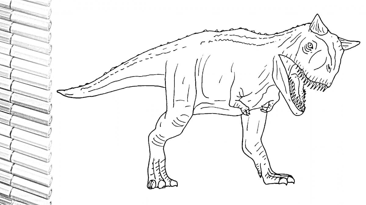 На раскраске изображено: Динозавр, Карнотавр, Карандаши