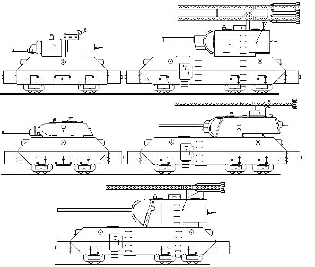 Раскраска Бронепоезд с танками на железнодорожных платформах различных моделей