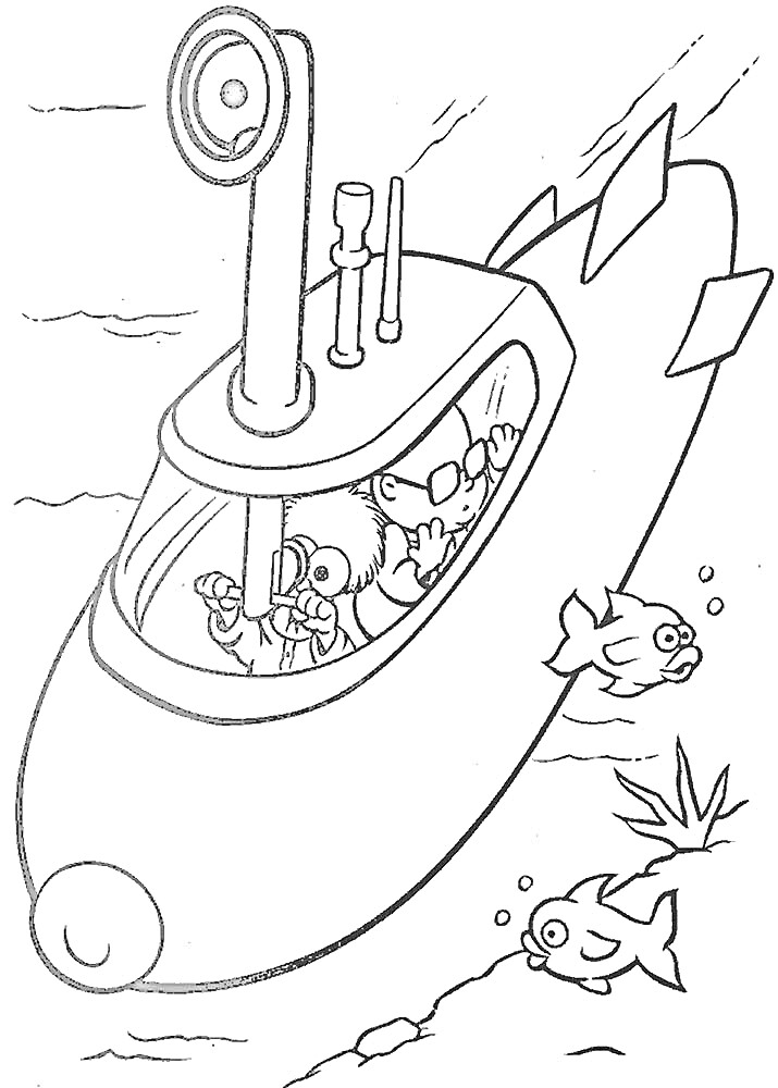 Раскраска Подводная лодка с двумя людьми внутри, двумя трубами и перископом, двумя рыбами и водорослями