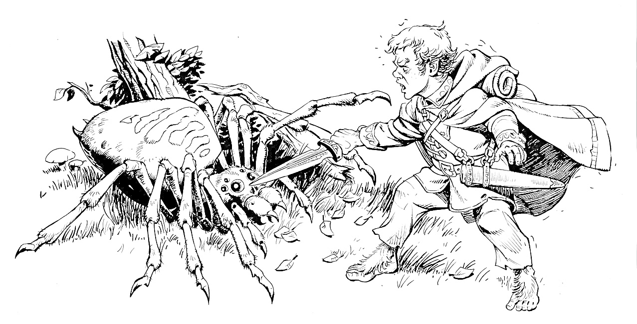 Человек с плащом и мечом сражается с большим пауком на природе