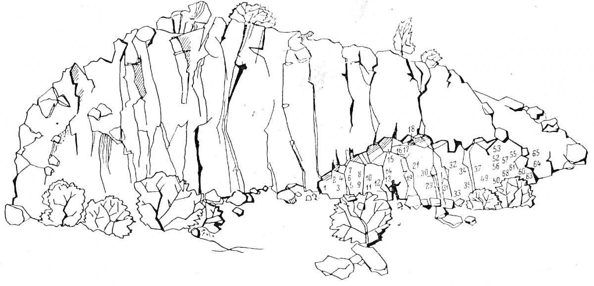 Раскраска Крутой склон с кустарниками и входом в пещеру