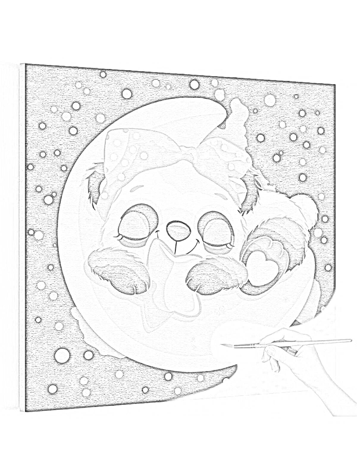 Раскраска Панда с бантом на луне, раскрашивание по номерам