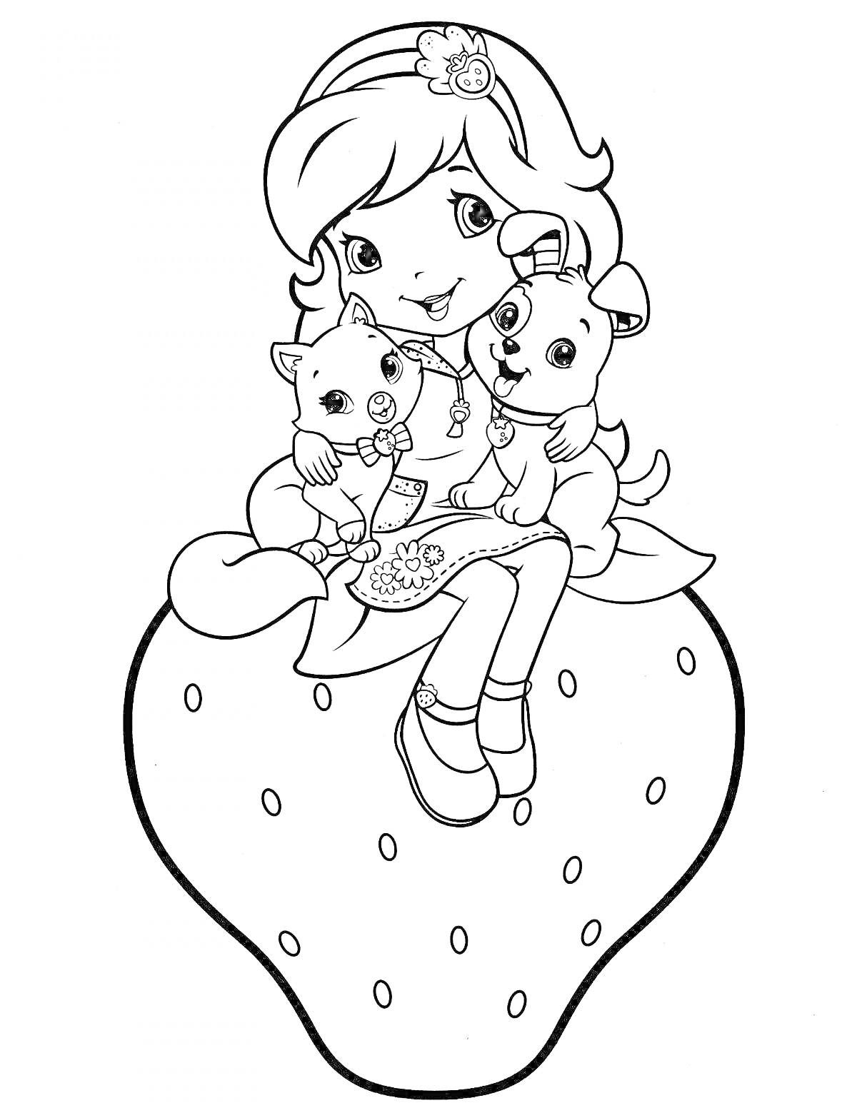 Раскраска Девочка с бантиком, сидящая на клубнике с кошкой и щенком на руках