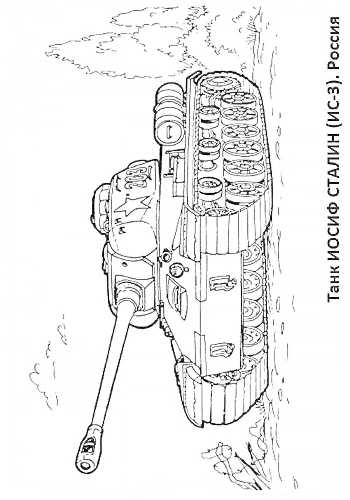 Раскраска Танк ИОСИФ СТАЛИН (ИС-2) с пушкой и ходовой частью, деревья и кусты на фоне, надпись 