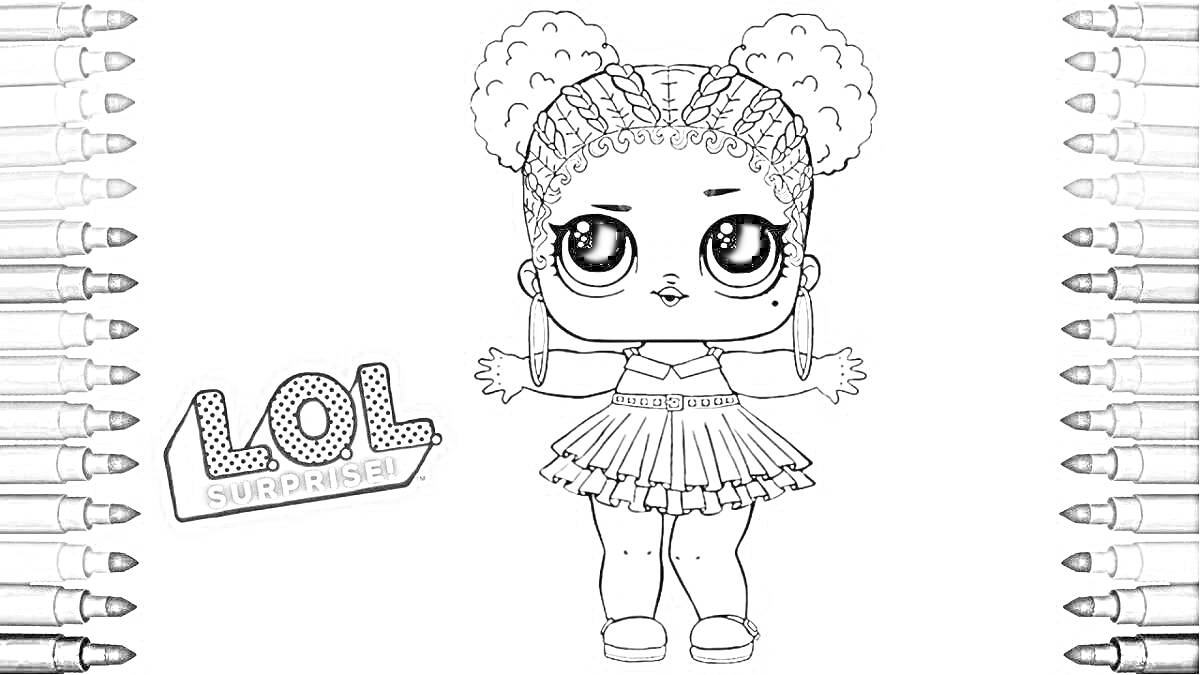 Раскраска Раскраска куклы LOL Surprise с пышными волосами и юбкой, окружённая цветными карандашами -