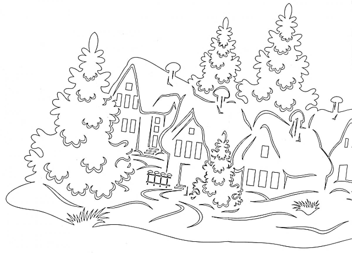 Раскраска Деревня в зимнем лесу с домиками и елками