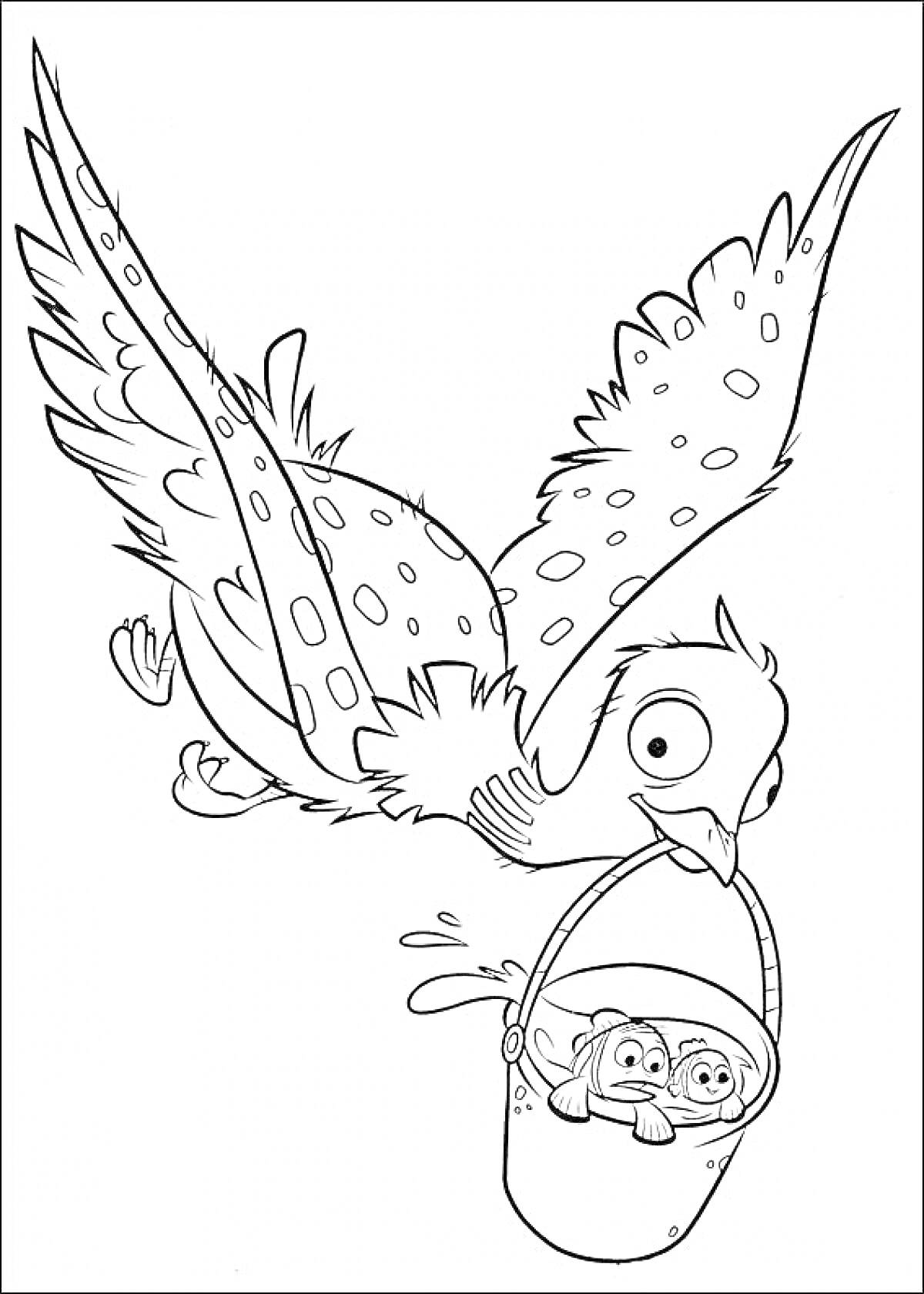 Раскраска Птица летит, держит ведро клювом, в ведре два мультипликационных персонажа