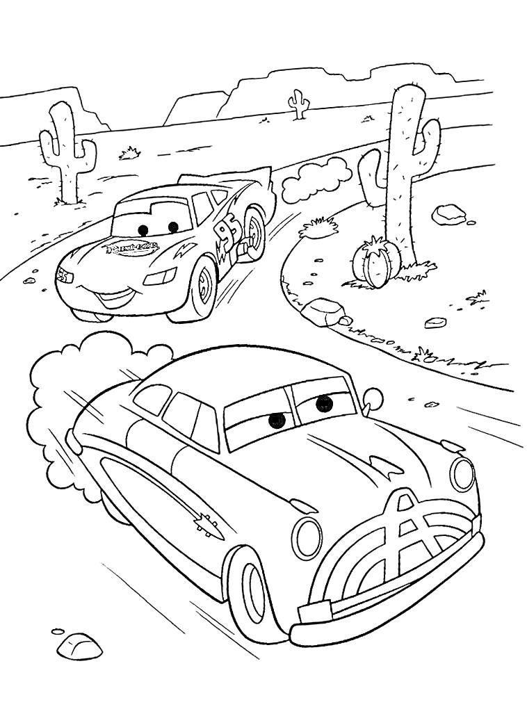 Раскраска Гоночные машины на пустынной дороге с кактусами и горами на заднем плане