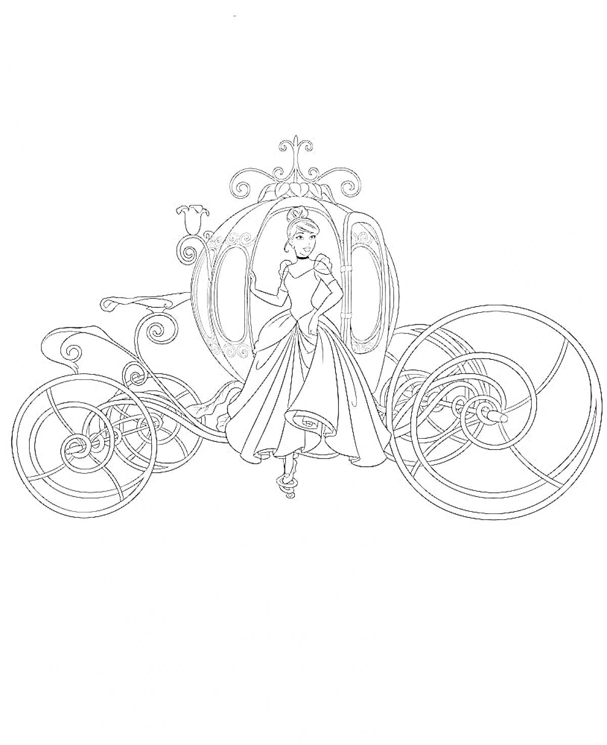 На раскраске изображено: Золушка, Карета, Орнамент, Колёса, Принцесса