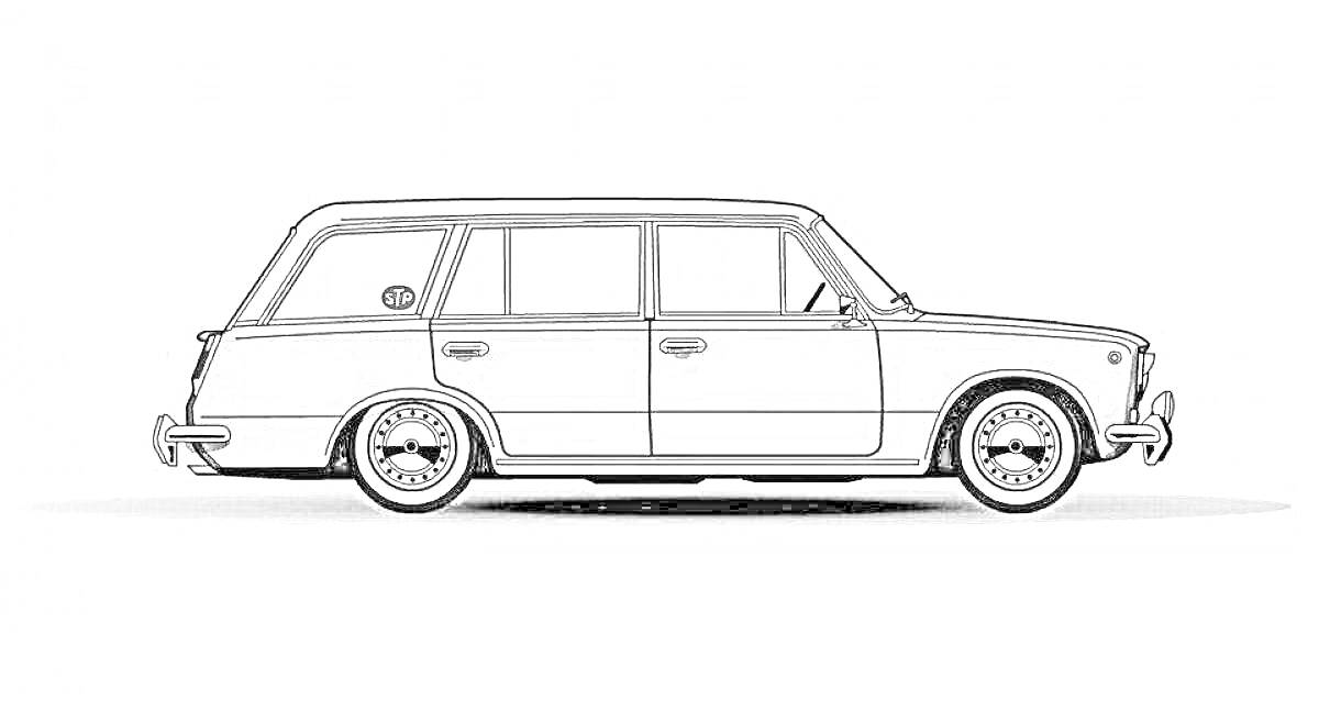 Раскраска Автомобиль ВАЗ 2102 боковая часть с колесами, окнами и дверями