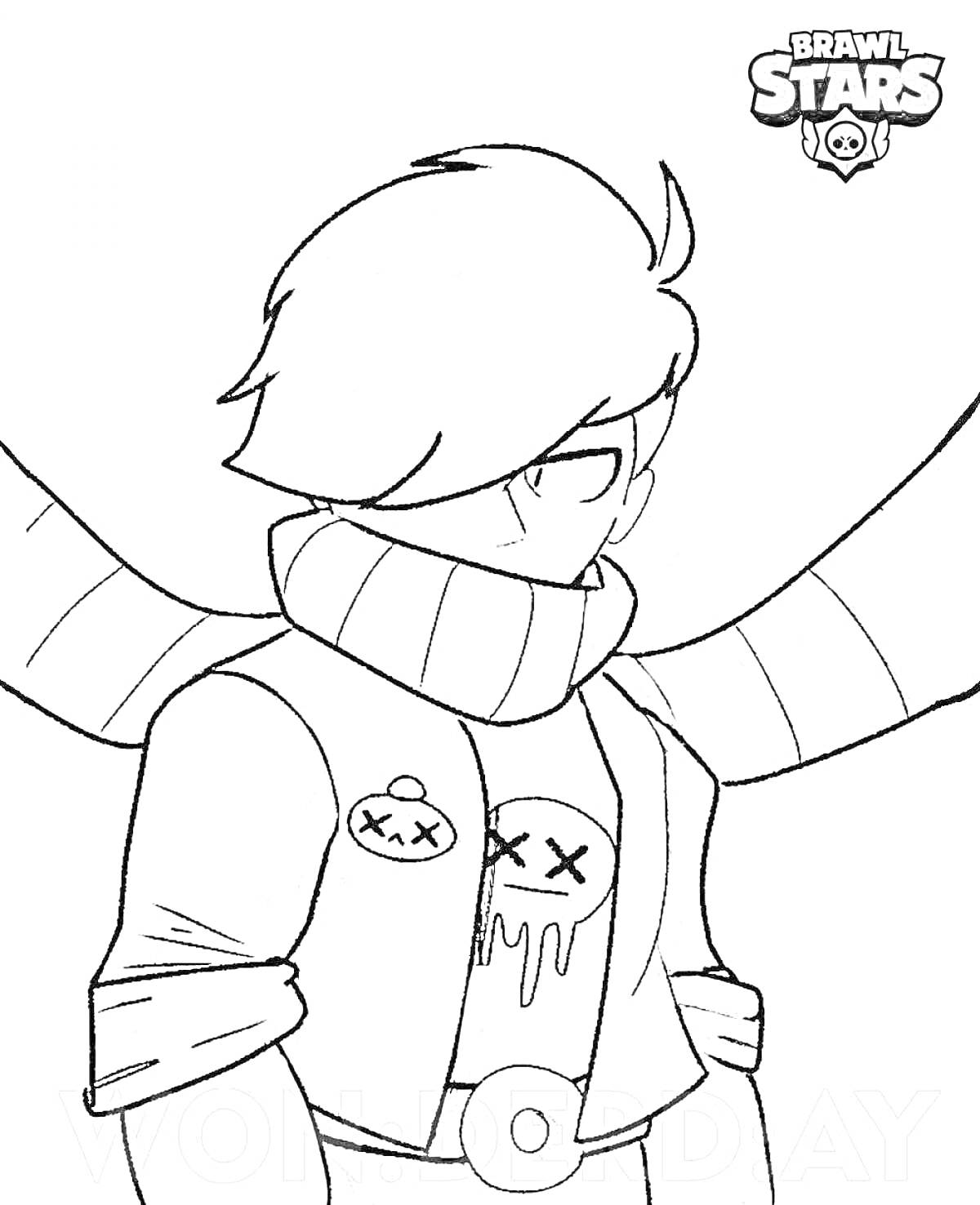 Эдгар из игры Brawl Stars с шарфом и значком черепа, наброшенным на плечи
