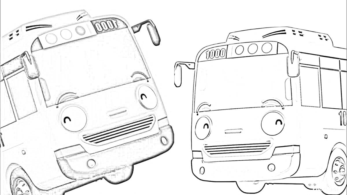 Раскраска Таша маленького автобуса Тайо с черно-белым и цветным изображениями