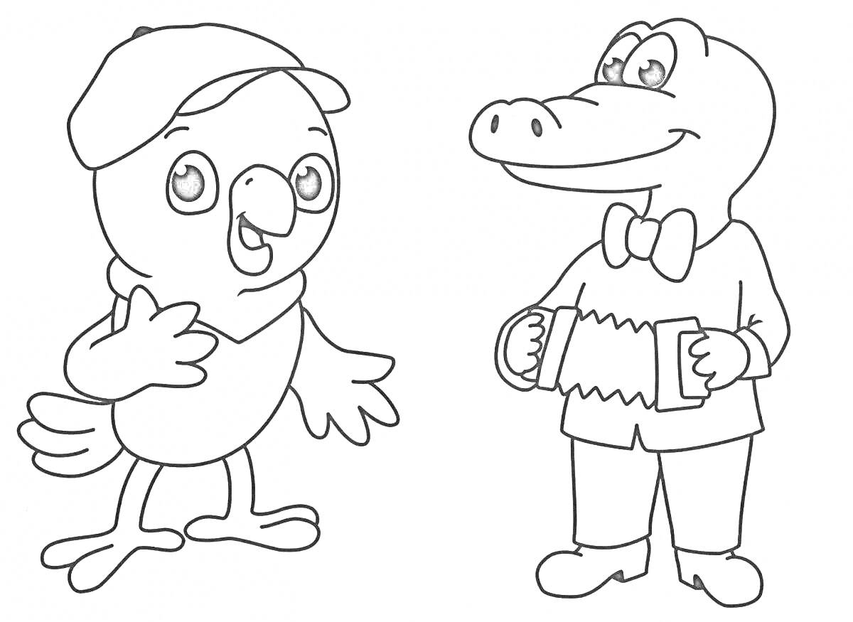 На раскраске изображено: Птица, Крокодил, Аккордеон, Для детей 3-4 лет, Для детей, Кепки