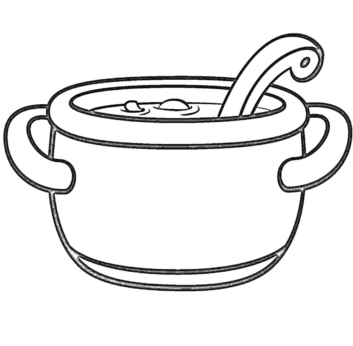 На раскраске изображено: Суп, Половник, Еда, Кухня, Кухонная посуда, Ручка, Кастрюли, Контурные рисунки