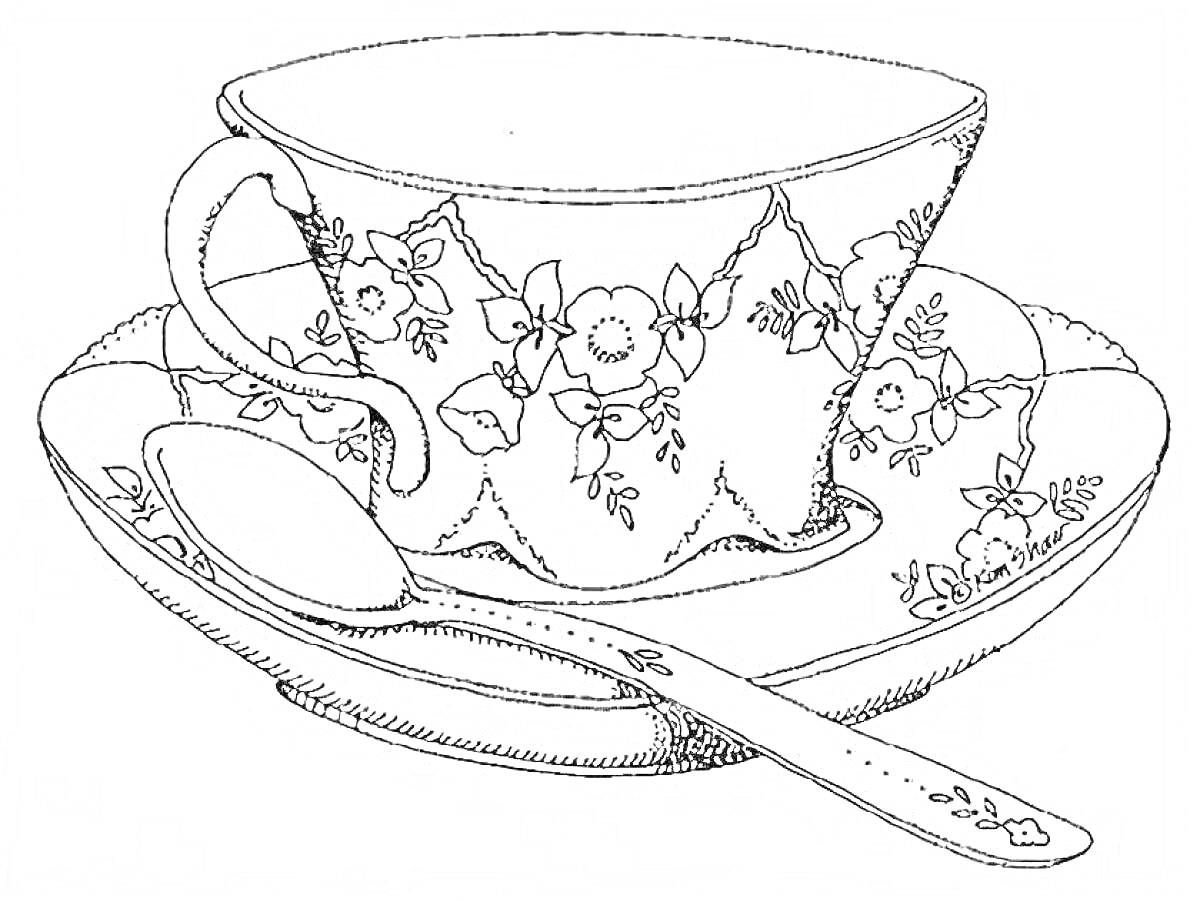 Раскраска Чайная чашка с блюдцем и ложкой с цветочным узором