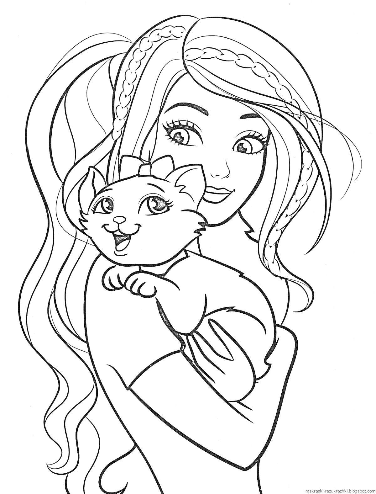 Раскраска Девочка держит котёнка на руках