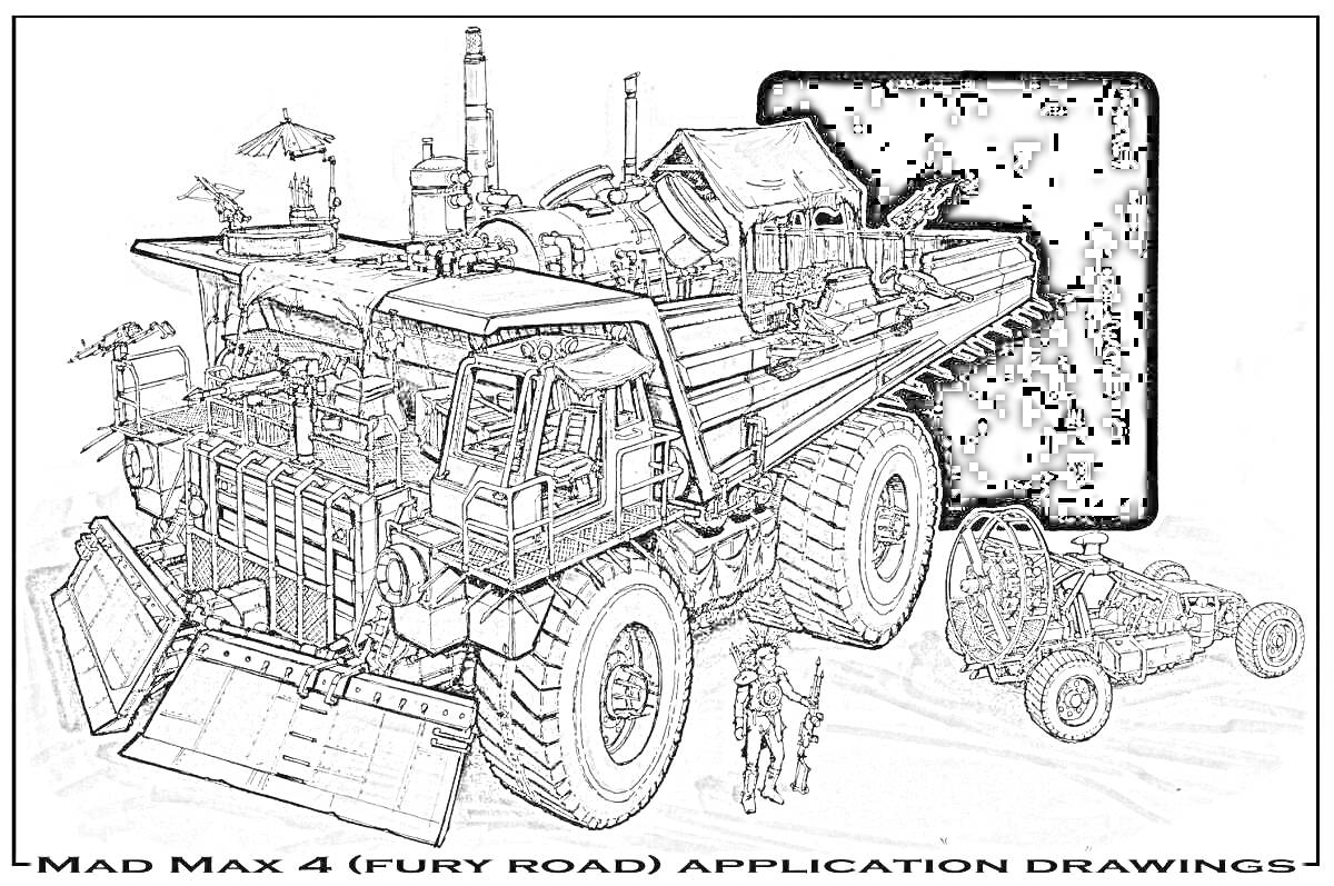 Раскраска Два постапокалиптических транспортных средства, большие колеса, грузовая платформа, детали из металлолома, мелкие детали, тени, фигурки людей
