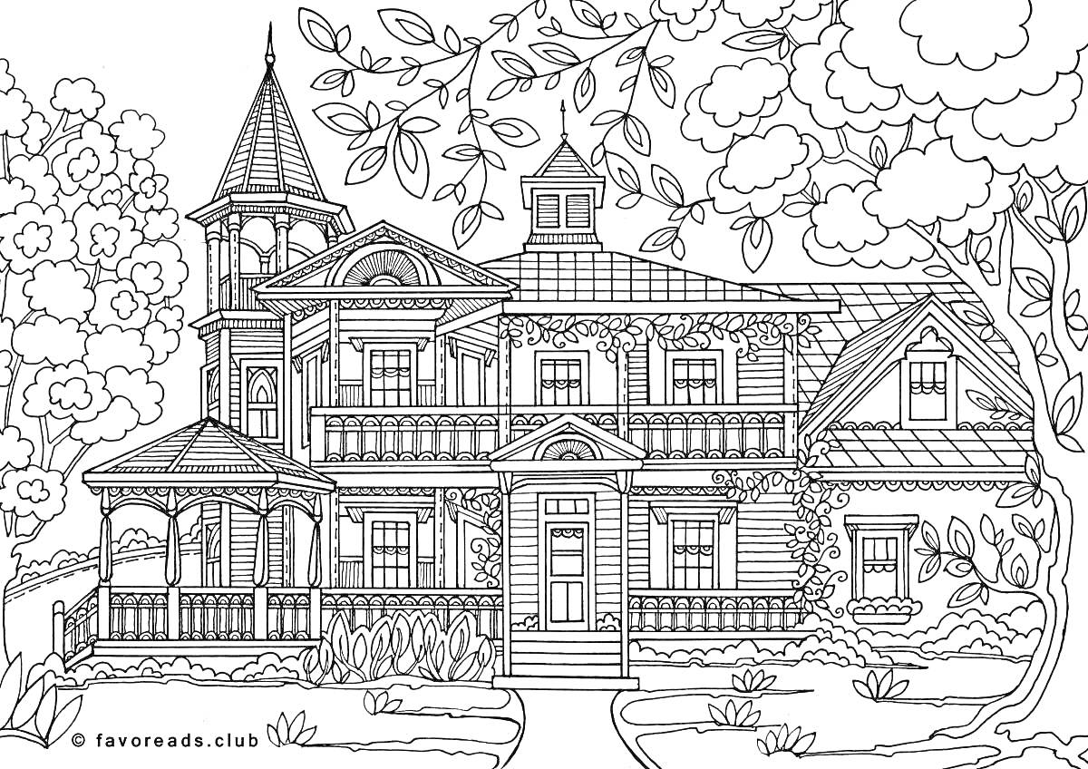 РаскраскаКрасивый дом с башенкой, верандой и садом