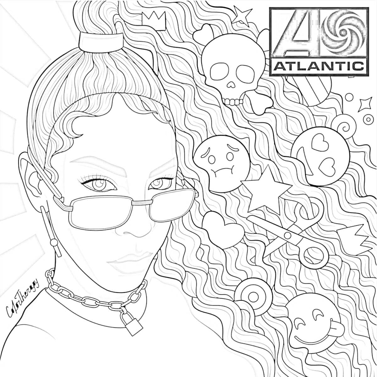 Раскраска Девушка с очками на фоне с волнистыми волосами и элементами классического пикс-арта (череп, смайлики, звезды)
