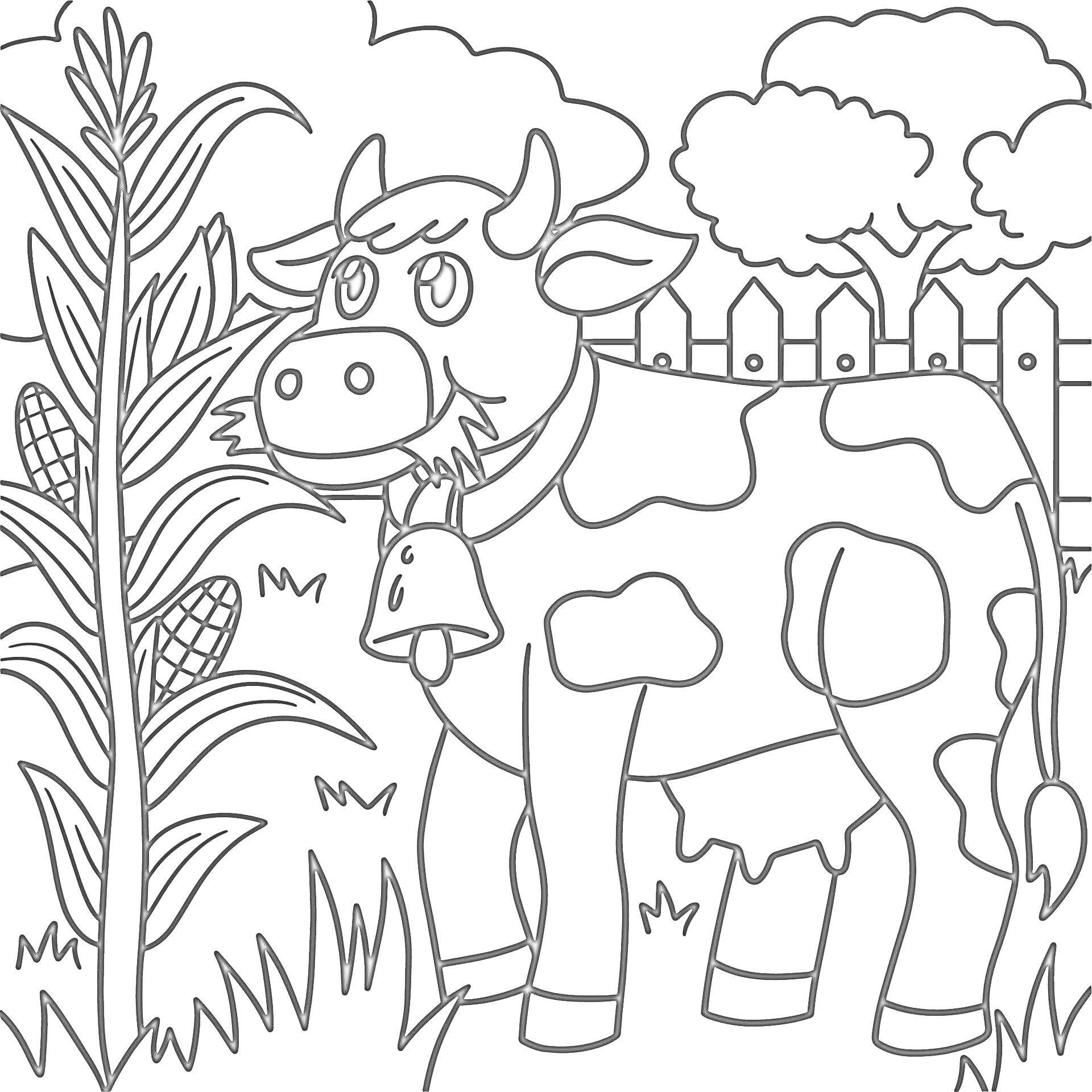 На раскраске изображено: Корова, Кукуруза, Поле, Забор, Природа, Пастбище, Для детей