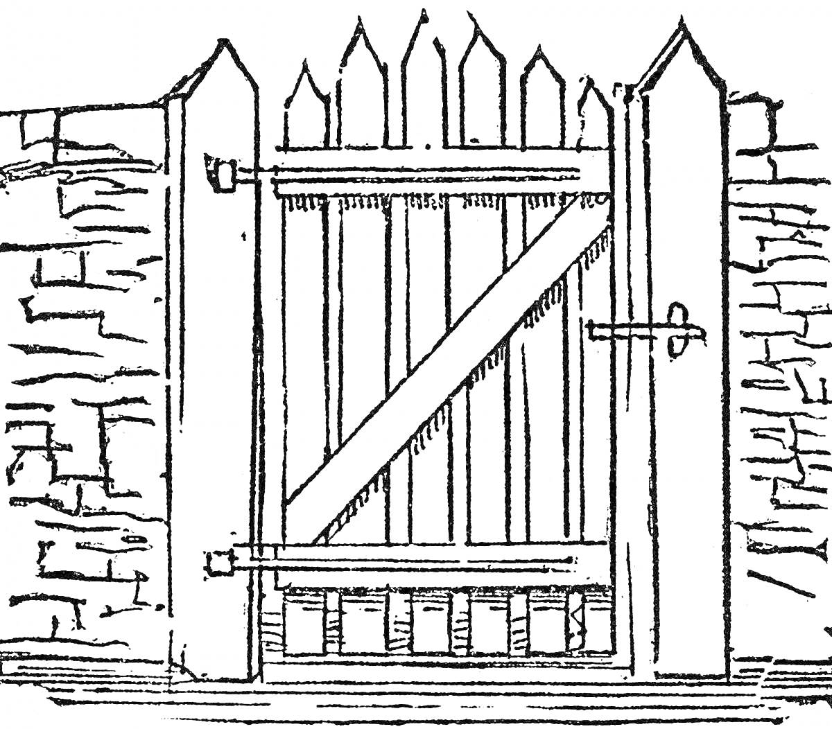 Раскраска Деревянные ворота с забором из кирпича и замком