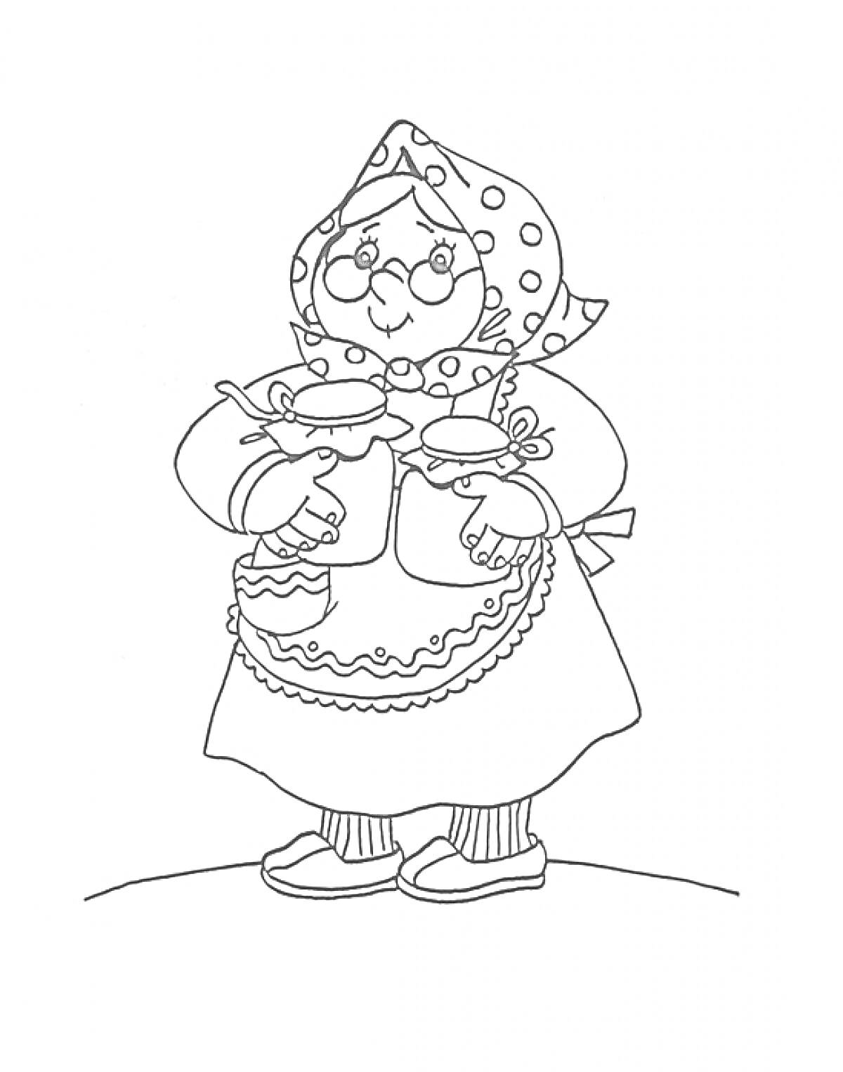 Раскраска Бабушка с банками варенья в фартуке и платке