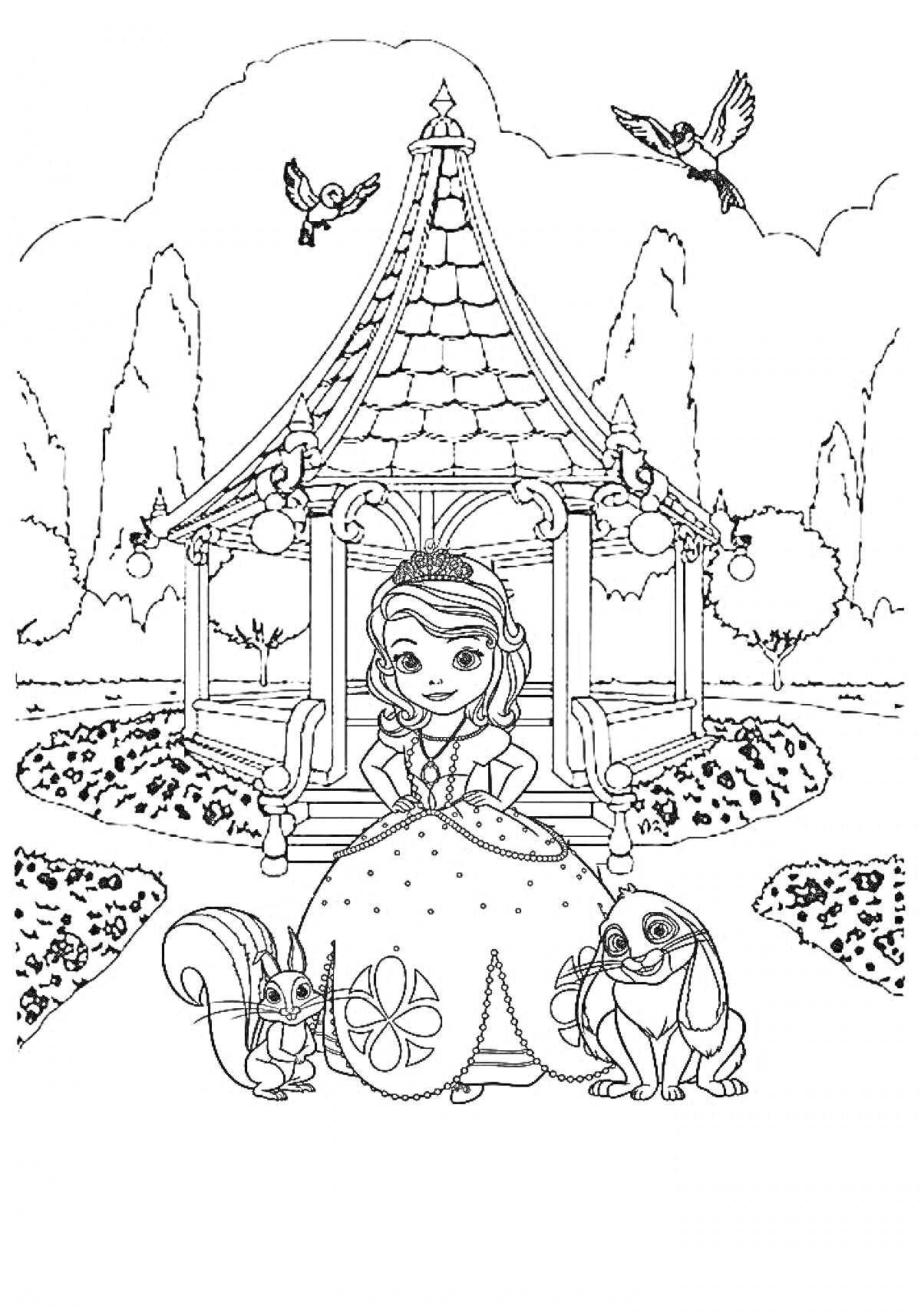 Раскраска Принцесса с животными на фоне беседки и деревьев, двое птиц в полете